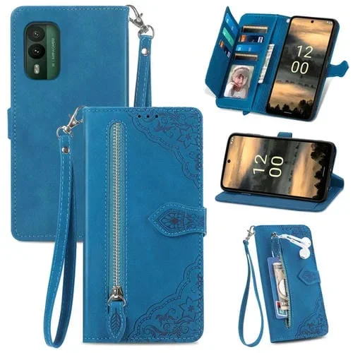 Funda de Cuero para Nokia Xr21 con Cremallera y Flores en Relieve (Azul)