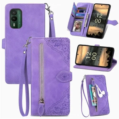 Funda de Cuero para Nokia Xr21 con Cremallera y Flores en Relieve (Púrpura)