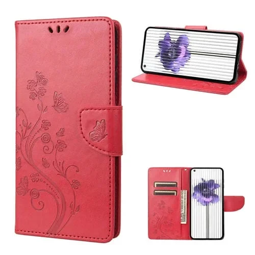 Funda de Cuero para Nothing Phone 1 con Tapa y Patrón de Flores de Mariposa (Rojo)