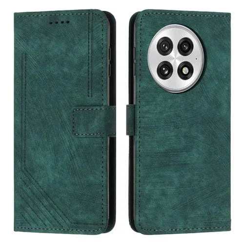 Funda de Cuero para OnePlus 13 con Patrón de Rayas y Cordón (Verde)