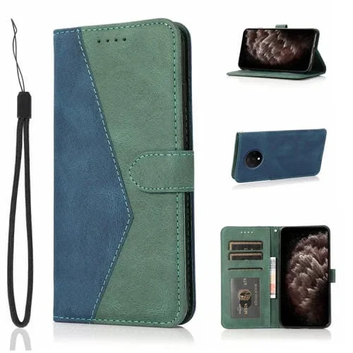 Funda de Cuero para OnePlus 7T con Costuras de Dos Colores (Azul Verde)