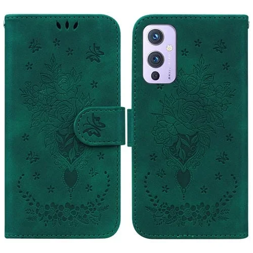Funda de Cuero para OnePlus 9 US y EU Versión con Diseño Butterfly Rose (Verde)