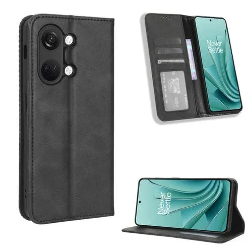 Funda de Cuero para OnePlus Ace 2V con Hebilla Magnética y Textura Retro (Negro)