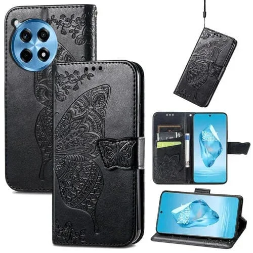 Funda de Cuero para OnePlus Ace 3 Pro con Relieve de Mariposa y Flor (Negra)