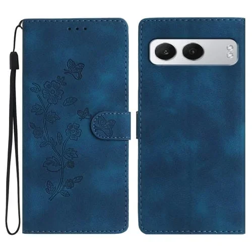 Funda de Cuero para OnePlus Nord 4 con Estampado de Flores y Mariposas (Azul)