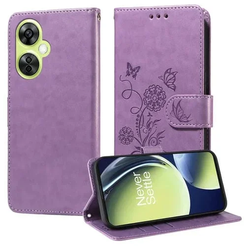 Funda de Cuero para OnePlus Nord CE 3 Lite y Nord N30 con Diseño de Mariposas y Flores (Morado)