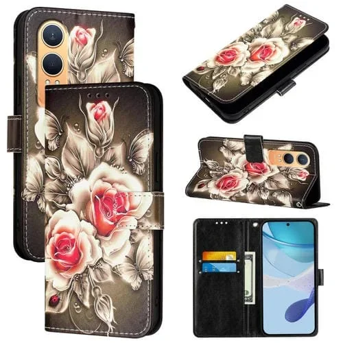 Funda de Cuero para OnePlus Nord CE4 Lite con Patrón de Dibujo de Colores (Rosas Sobre Negro)
