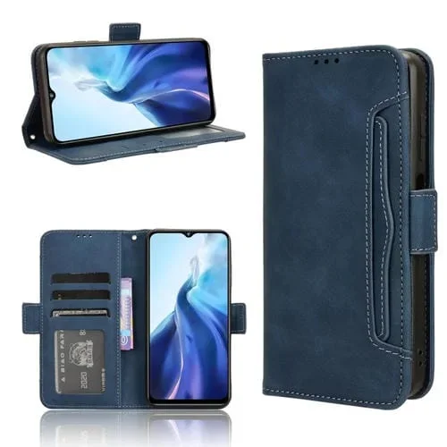 Funda de Cuero para Oukitel C35 / C36 con Textura Becerro y Ranuras para Tarjetas (Azul)