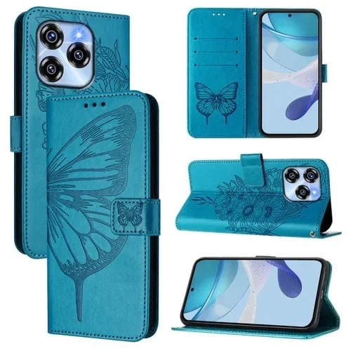 Funda de Cuero para Oukitel C50 con Diseño de Mariposa en Relieve (Azul)