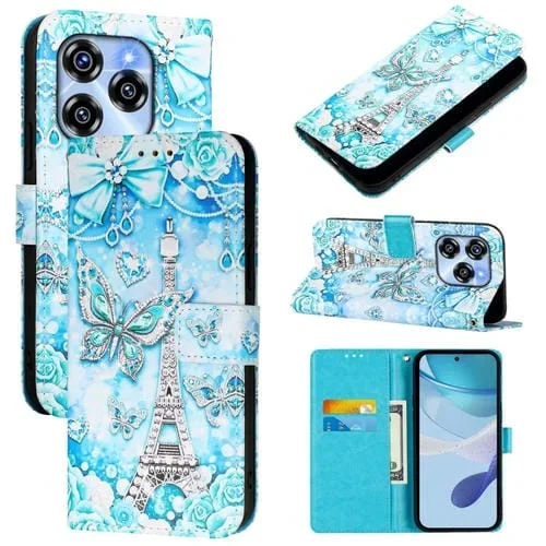 Funda de Cuero para Oukitel C50 con Diseño Mariposa en Forma de Torre (Liso)