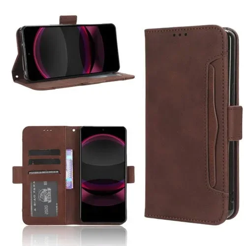 Funda de Cuero para Sharp Aquos R8 Pro con Textura Skin Feel y Ranuras para Tarjetas (Marrón)