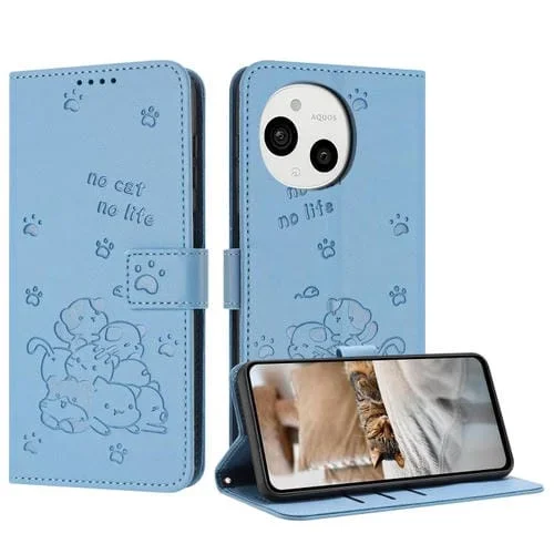 Funda de Cuero para Sharp Aquos Sense 9 con Diseño de Gatito en Relieve y Cordón (Azul)