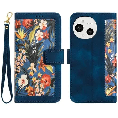Funda de Cuero para Sharp Aquos Sense9 con Diseño Floral y Cordón (Azul Oscuro)