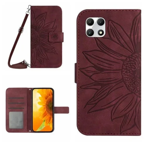 Funda de Cuero para T-Mobile Revvl 7 5G Skin Feel con Tapa en Relieve y Cordón (Rojo Vino)