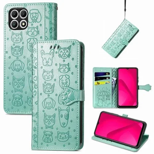 Funda de Cuero para T-Mobile T Phone 2 5G con Relieve Perros y Gatos (Verde)