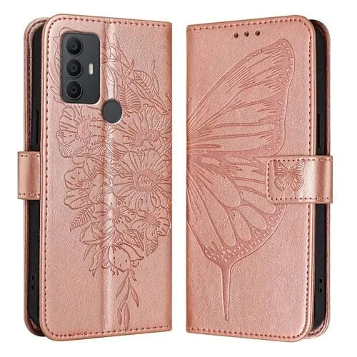 Funda de Cuero para TCL 306 con Mariposa en Relieve (Oro Rosa)