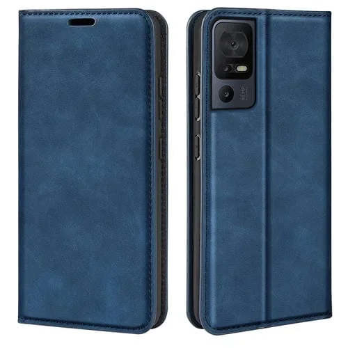 Funda de Cuero para TCL 40 Se con Succión Magnética de Piel Retro (Azul Oscuro)
