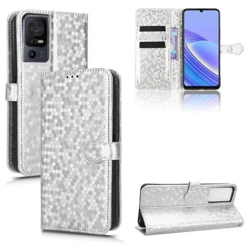 Funda de Cuero para TCL 40 Se con Textura de Panal de Abeja (Plata)