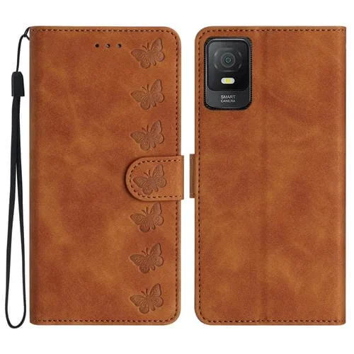 Funda de Cuero para TCL 40 Se Seven Butterflies con Relieve (Marrón)