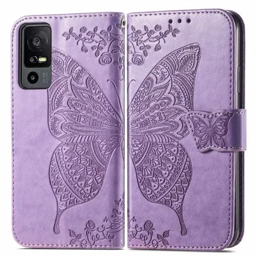Funda de Cuero para TCL 40 Xe Butterfly Love Flower en Relieve (Púrpura Claro)