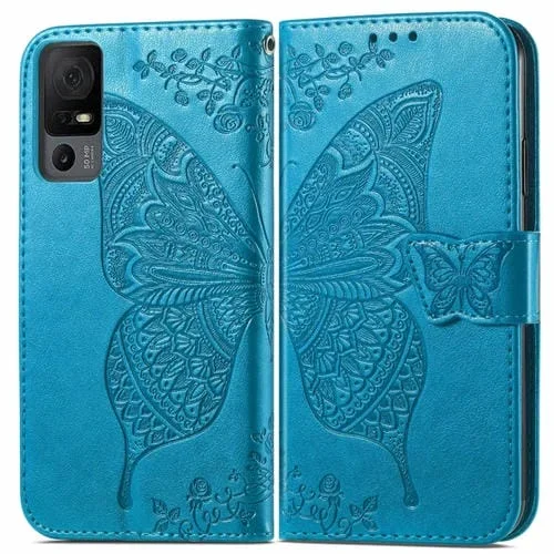 Funda de Cuero para TCL 40 XL Butterfly Love Flower en Relieve (Azul)