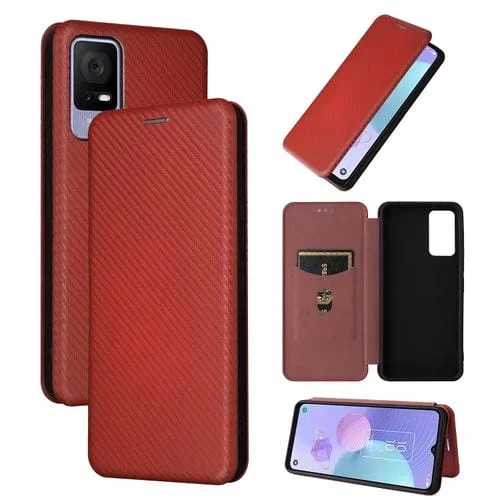 Funda de Cuero para TCL 405 con Textura de Fibra de Carbono (Marrón)