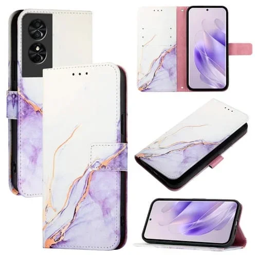 Funda de Cuero para TCL 50 SE PT003 con Tapa y Patrón de Mármol (Blanco y Morado)