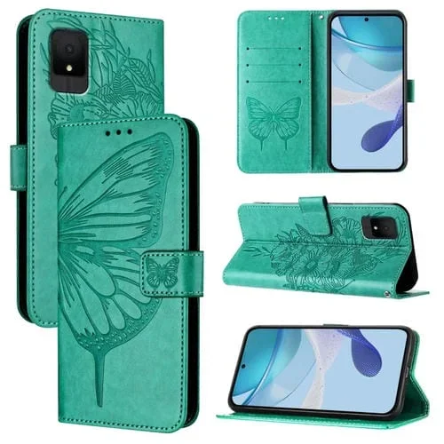 Funda de Cuero para TCL 502 con Mariposa en Relieve (Verde)
