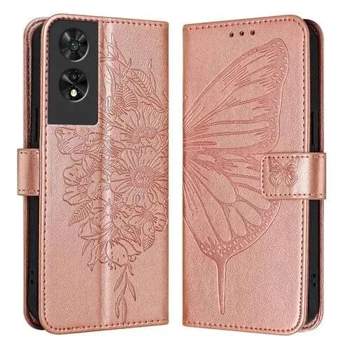 Funda de Cuero para TCL 505 con Mariposa en Relieve (Oro Rosa)
