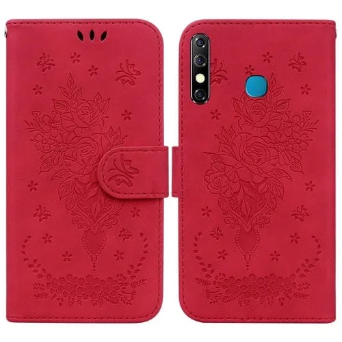 Funda de Cuero para Tecno Camon 12 y Spark 4 con Relieve de Mariposa (Rojo)