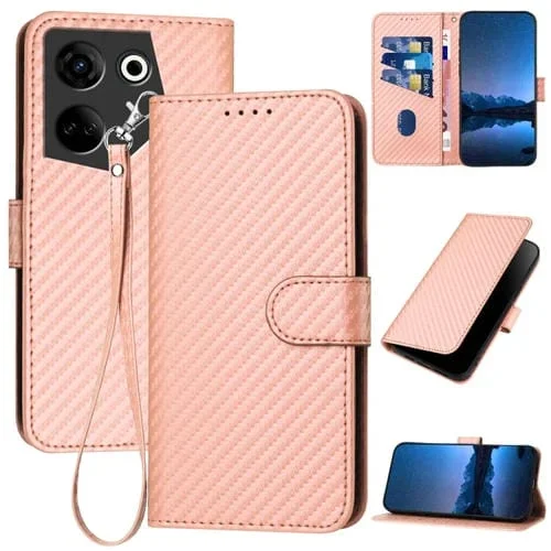 Funda de Cuero para Tecno Camon 20/20 Pro 4G Yx0070 con Hebilla de Fibra de Carbono y Cordón (Rosa)
