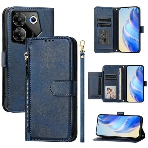 Funda de Cuero para Tecno Camon 20 Pro 5G con Cremallera y Ranuras para Tarjetas (Azul)