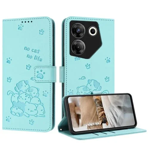 Funda de Cuero para Tecno Camon 20 Pro 5G con Diseño de Gatito en Relieve y Cordón (Verde Menta)