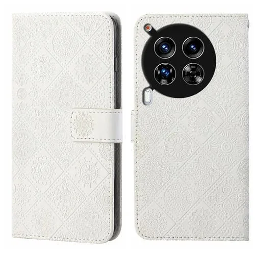 Funda de Cuero para Tecno Camon 30 Premier con Patrón en Relieve Estilo Étnico (Blanco)