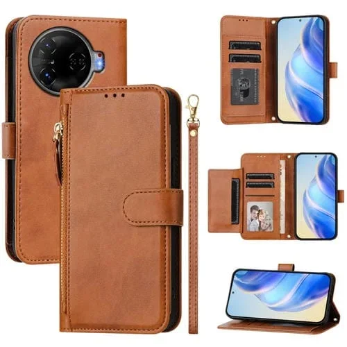 Funda de Cuero para Tecno Camon 30 Pro 5G con Cremallera y Ranuras para Tarjetas (Marrón)