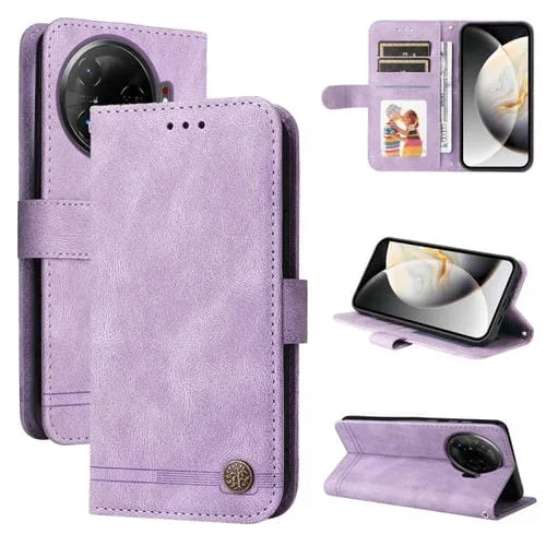 Funda de Cuero para Tecno Camon 30 Pro con Botones de Metal y Diseño Árbol de la Vida (Morado)