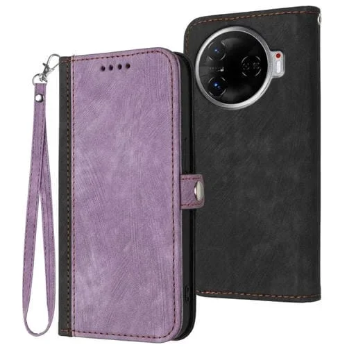 Funda de Cuero para Tecno Camon 30 Pro con Hebilla Lateral Doble Pliegue y Correa de Mano (Púrpura)