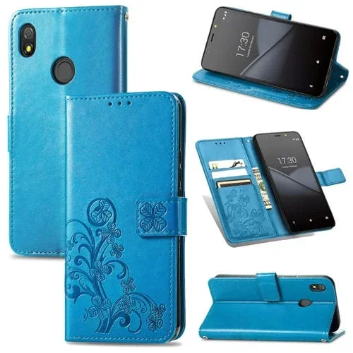 Funda de Cuero para Tecno Pop 3 con Cierre de Cuatro Hojas, Hebilla, Ranura para Tarjeta y Soporte (Azul)