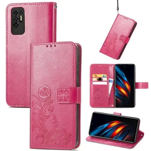 Funda de Cuero para Tecno Pova 2 con Cierre de Cuatro Hojas, Hebilla, Ranura de Tarjeta y Soporte (Magenta)