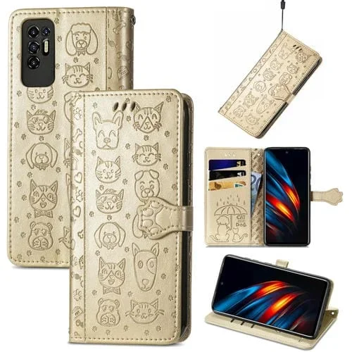 Funda de Cuero para Tecno Pova 2 con Estampado en Relieve de Gato y Perro, Titular, Tragamonedas y Cordón (Oro)
