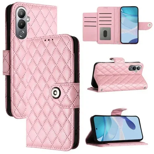 Funda de Cuero para Tecno Pova 4 con Tapa Textura Rombal y Cordón (Rosa)