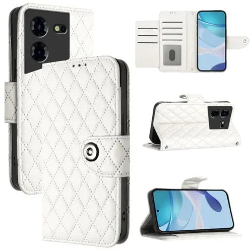 Funda de Cuero para Tecno Pova 5 4G con Tapa Textura Romboidal y Cordón (Blanco)