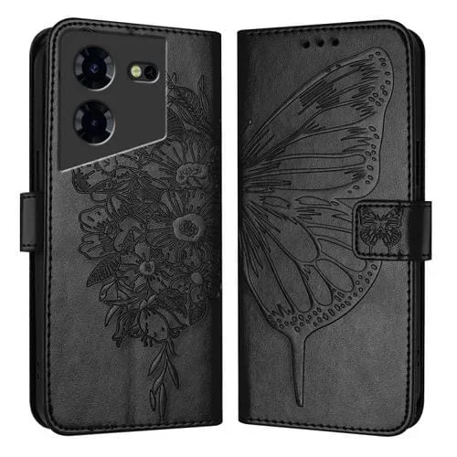 Funda de Cuero para Tecno Pova 5 Pro 5G con Mariposa en Relieve (Negro)