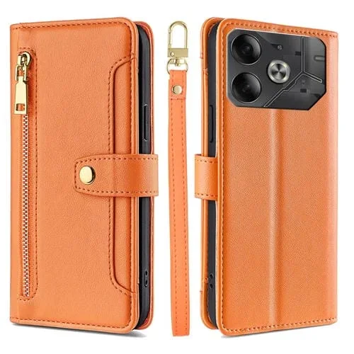 Funda de Cuero para Tecno Pova 6 5G con Billetera y Cremallera (Naranja)