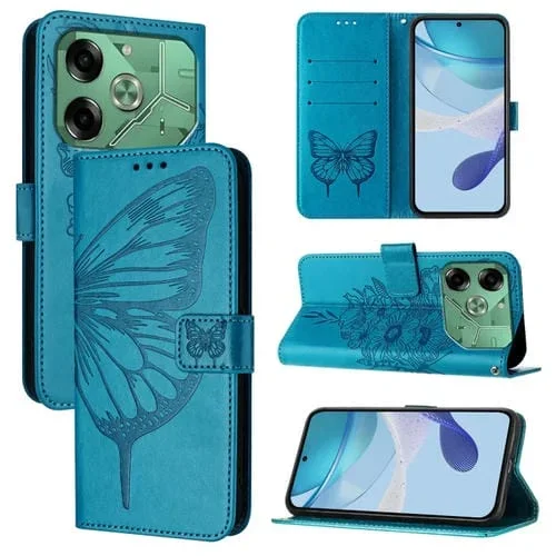 Funda de Cuero para Tecno Pova 6 con Mariposa en Relieve (Azul)