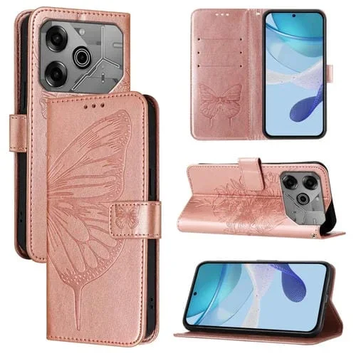 Funda de Cuero para Tecno Pova 6 Neo con Diseño de Mariposa en Relieve (Oro Rosa)