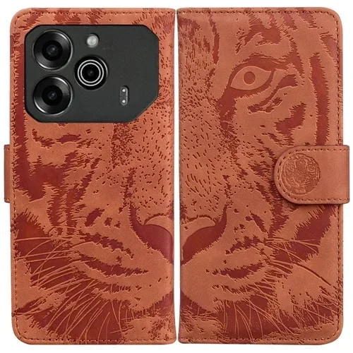 Funda de Cuero para Tecno Pova 6 y Pova 6 Pro con Tapa y Patrón de Tigre (Marrón)