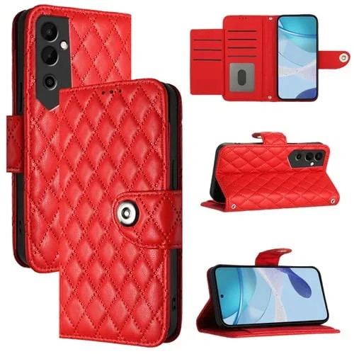 Funda de Cuero para Tecno Pova Neo 2 con Tapa Textura Rombal y Cordón (Rojo)