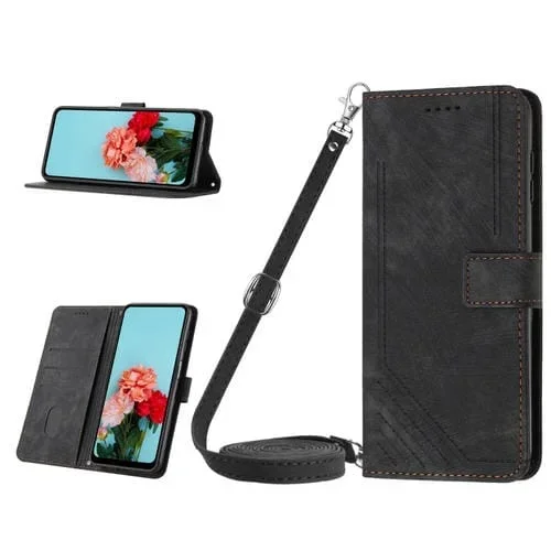 Funda de Cuero para Tecno Spark 10 5G con Cordón y Patrón Skin Feel Stripe (Negro)