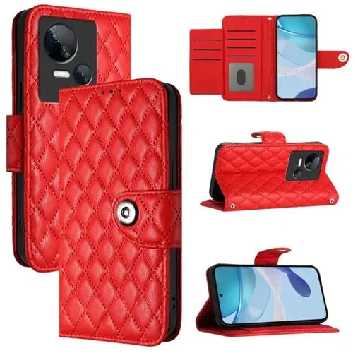 Funda de Cuero para Tecno Spark 10 5G con Tapa, Textura Romboidal y Cordón (Rojo)